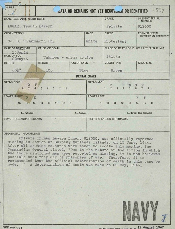 Truman L. Lugar - Unaccounted For - Missing Marines